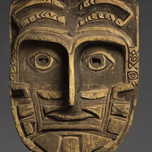 Prompt: photo portrait of precolumbian aztec shamanic metal face mask with fine detail engravings and runes cultist lord rich baron by Diane Arbus and Louis Daguerre