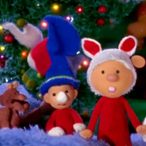 Prompt: Eminem on the island of misfit toys in the Rudolph the red nosed reindeer movie, claymation