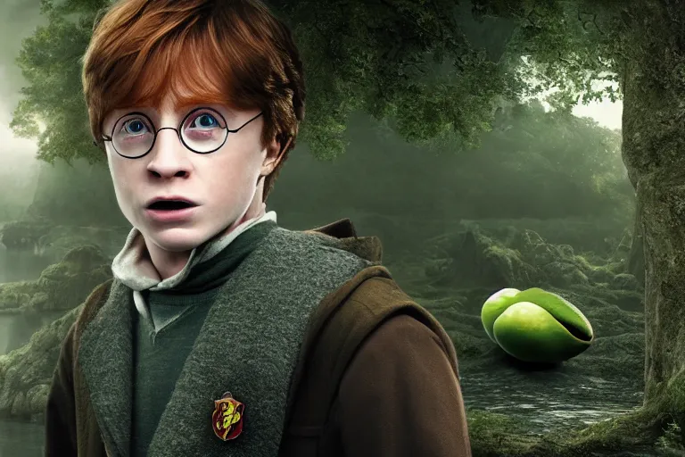 Prompt: an ultra realistic, cinematic, headshot portrait, of harry potter, ron weasley, hermoine granger as an avocado, fantasy, avocado, facial features, background of a vast serene landscape, with trees and rivers, detailed, deep focus, movie still, dramatic lighting, ray tracing, by michal karcz and yoshitaka amano