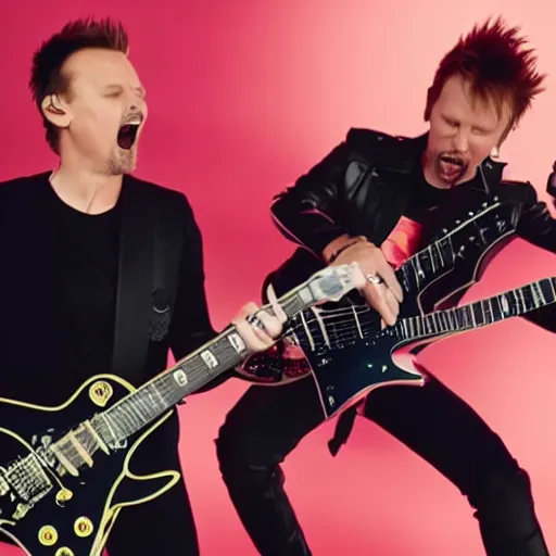 Prompt: matt bellamy and james hetfield playing guitar together, 2 0 2 2 official music video, shot on sony a 7 iii, postprocessing
