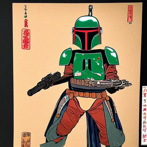 Image similar to boba fett at a cantina, ukio-e artstyle