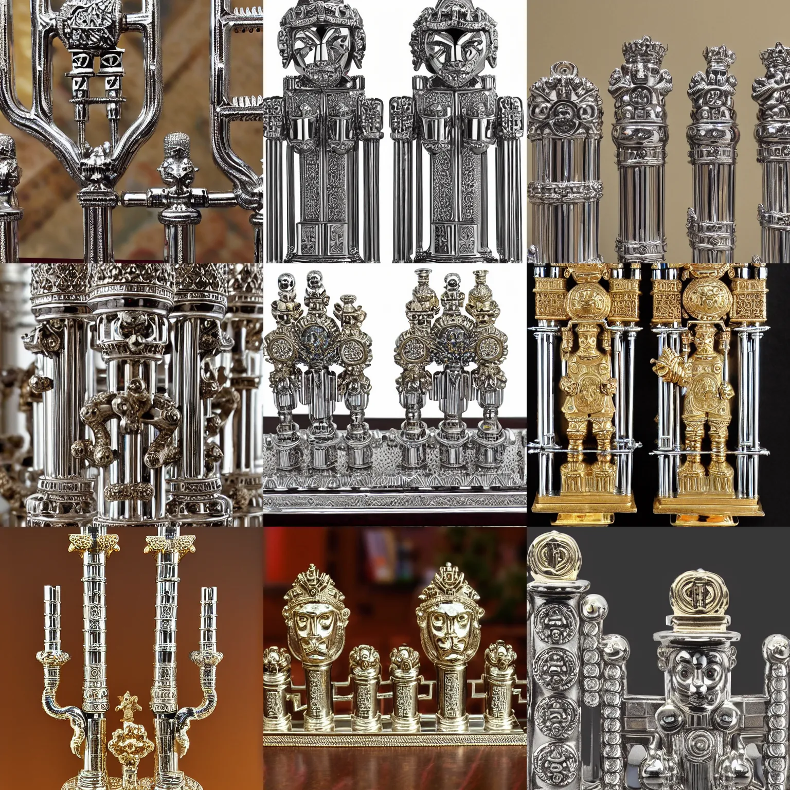 Prompt: highly detailed ornate filigreed convoluted ornamented elaborate chrome hanukkah menorah with symmetrical two lions standing holding tablets of stone with a crown
