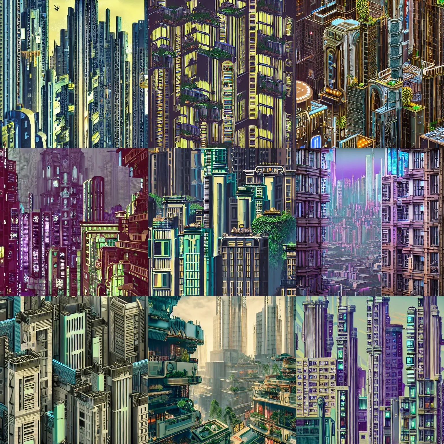 Prompt: detailed photo of a beautiful Art Deco cyberpunk terraced skyline with gardens