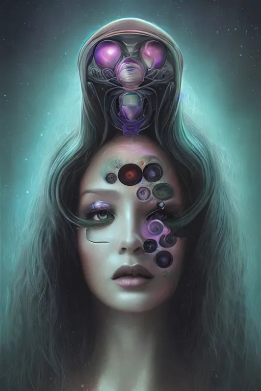 Prompt: portrait of an elegant alien woman queen, many eyes, multiple eyes, stalk eyes, straight on portrait, by artgerm, tom bagshaw, gerald brom, vaporwave colors, lo - fi colors, vaporwave, lo - fi, moody vibe, goth vibe, 4 k, hd,