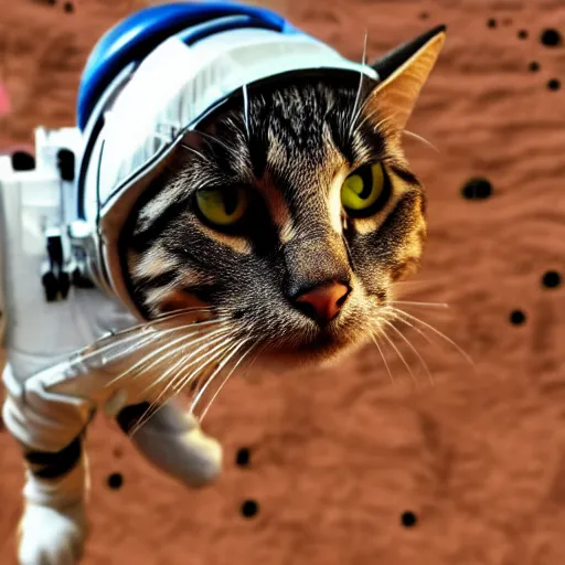 Prompt: cat astronaut explores the surface of Mars