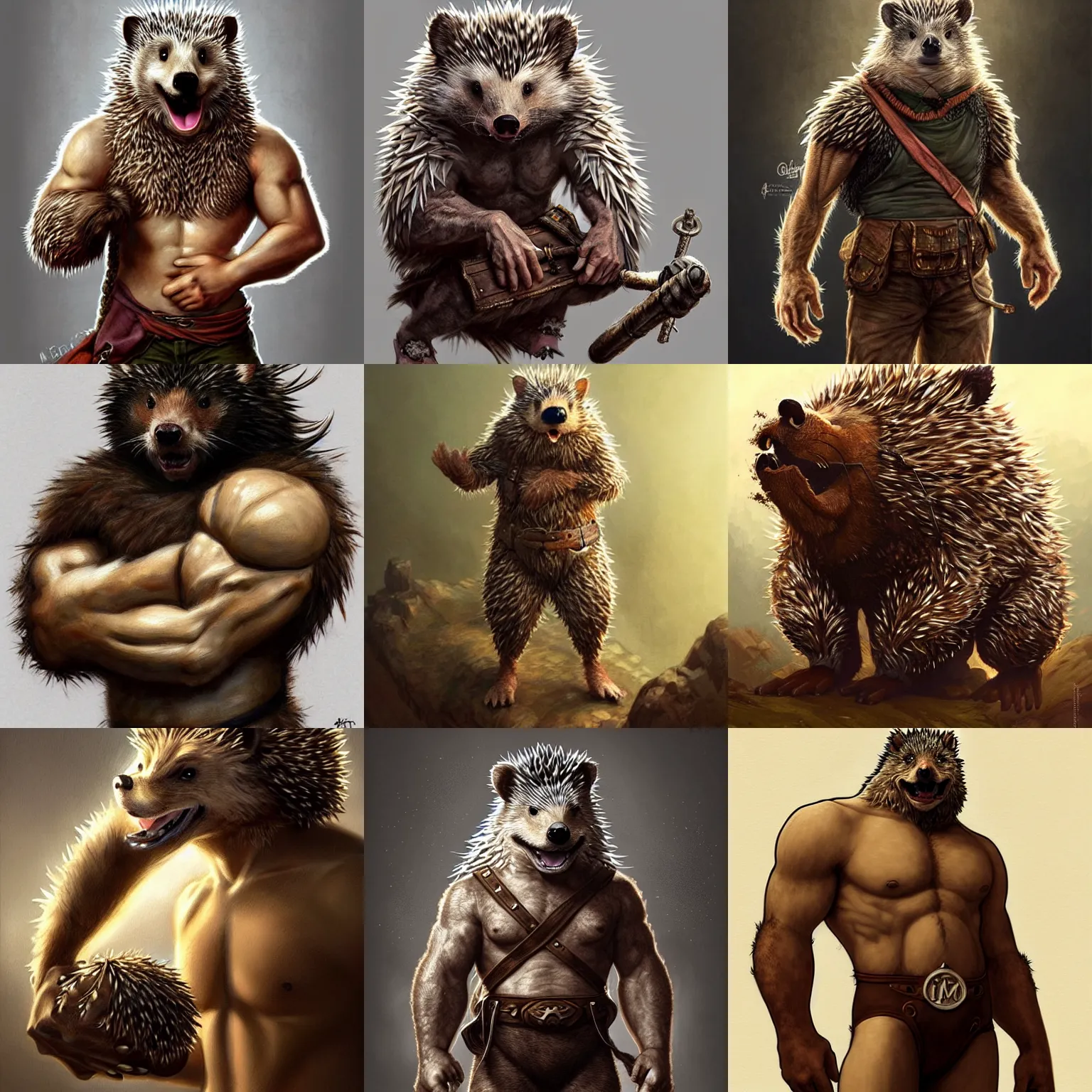 Prompt: anthropomorphic rugged hedgehog!!! with furry!! wrestler muscular upper body, 👅 👅 , D&D, fantasy, intricate, elegant, highly detailed, digital painting, artstation, concept art, smooth, sharp focus, illustration, art by artgerm and greg rutkowski and alphonse mucha