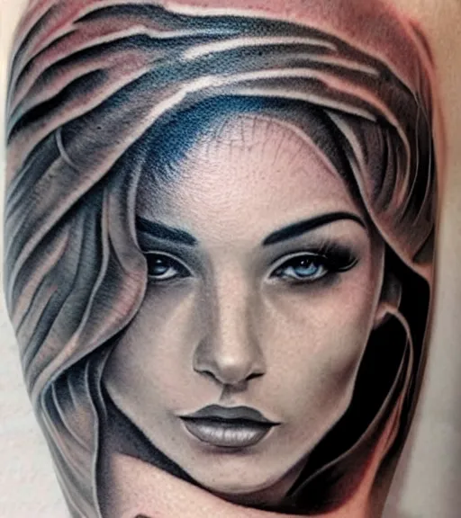 Image similar to tattoo design sketch of a beautiful woman face with a faded background of beautiful mountains and nature on the side, hyper - realistic, in the style of den yakovlev, amazing detail, black and white