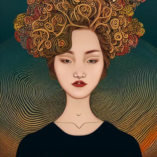 Image similar to a high resolution, 8k vogue photograph of a woman with a beautiful face and love heart swirling hair by Audrey kawasaki and James jean