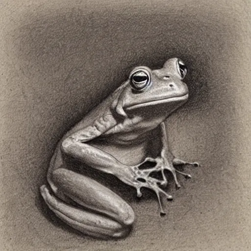Prompt: neat sketch of a frog, umbra, pastel, by Rembrandt,