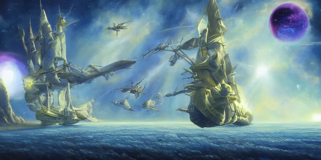 Prompt: Photorealistic epic science fiction painting of one solitary flying tall ship in space, flying past galaxies, by Rodney Matthews and Roger Dean. photorealism, UHD, amazing depth, glowing, golden ratio, 3D octane cycle unreal engine 5, volumetric lighting, cinematic lighting, cgstation artstation concept art