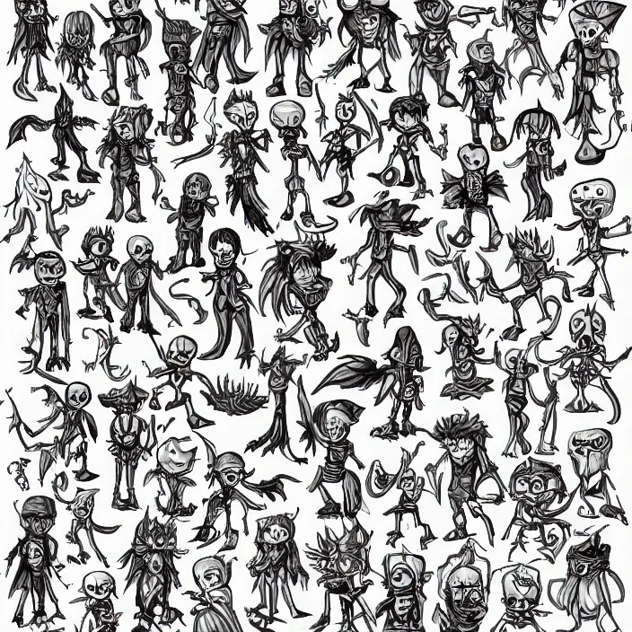 Image similar to spritesheet containing a chibi wizard and skeleton enemies of different magic types, colored lineart
