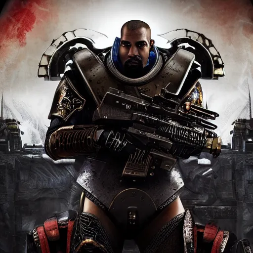 Image similar to Portrait of Kanye West as the emperor of humanity from warhammer 40k in Gears of War, splash art, movie still, cinematic lighting, dramatic, octane render, long lens, shallow depth of field, bokeh, anamorphic lens flare, 8k, hyper detailed, 35mm film grain