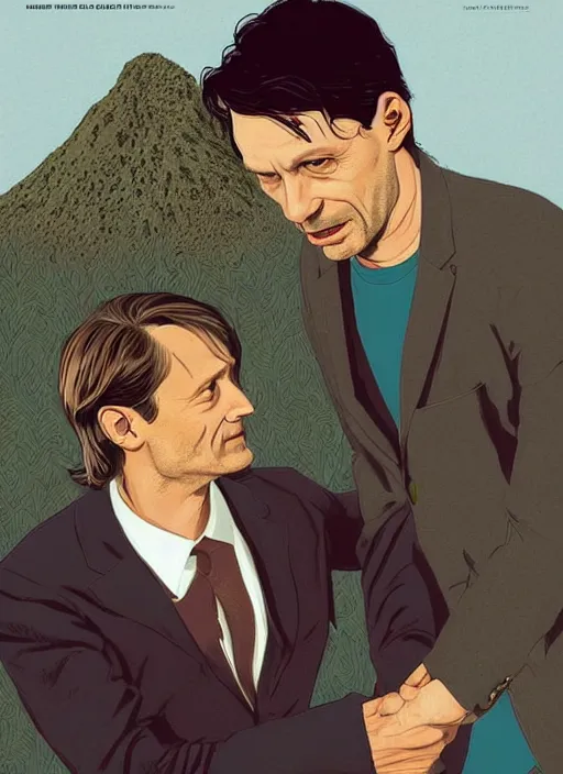 Image similar to Twin Peaks portrait of Mads Mikkelsen and Hugh Dancy holding hands romantically as they chaperone school dance by Michael Whelan, Bob Larkin and Tomer Hanuka, simple illustration, domestic, nostalgic, clean, Matte painting, trending on artstation and unreal engine, New Yorker magazine cover, 1980s romance book cover