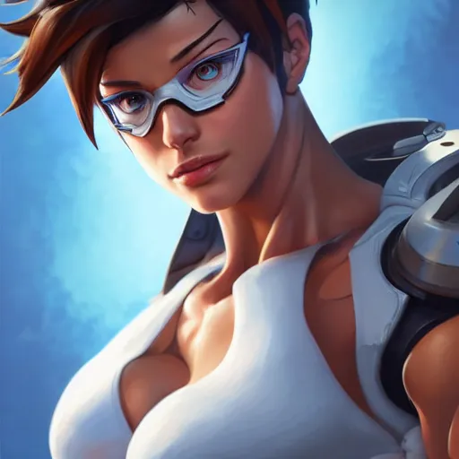 Image similar to a highly detailed portait of tracer from overwatch with muscles, digital art, pretty face, muscular, very beautiful face, very detailed eyes, 8 k resolution, digital painting, by james gurney wlop, greg rutkowski, full body