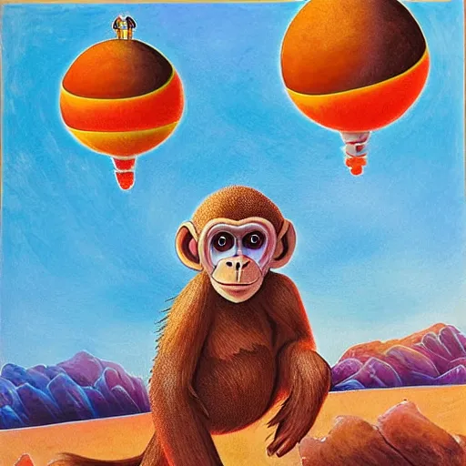 Image similar to a hybrid of monkey with an extraterrestrial, landing in mars in a multi color hot air balon, by francis bancon