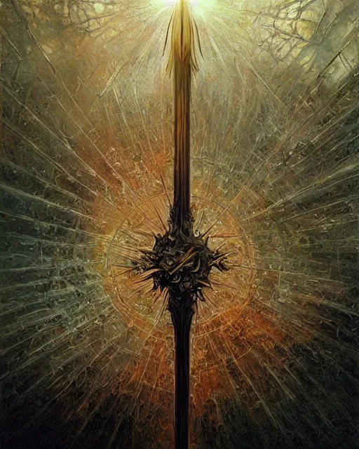 Image similar to spear of longinus, award winning photograph, radiant flares, realism, lens flare, intricate, various refining methods, micro macro autofocus, evil realm magic painting vibes, hyperrealistic painting by michael komarck - stephen gammell