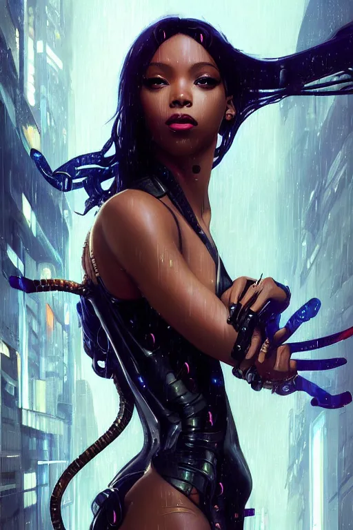 Prompt: very beautiful cyberpunk Normani as aeon flux profile picture by Greg Rutkowski, dynamic pose, intricate, futuristic, fantasy, elegant, by Stanley Artgerm Lau, greg rutkowski, thomas kindkade, alphonse mucha, loish, norman Rockwell, metal chrome, shiny, rainy background, asymmetric, long afro hair,