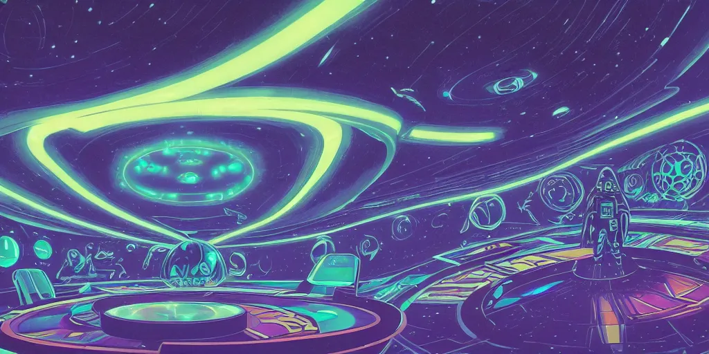 Prompt: a space ship circular meeting room with bright holodesk in the center showing a blue hologram of a solar system, dark people discussing, contrasted light, clair obscur, illustration, clean lines, star wars vibe, by sead mead, by moebius!!!, vivid colors, spectacular cinematic scene