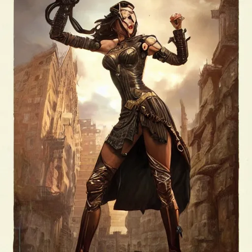 Image similar to highly detailed steampunk gal gadot standing, artgerm, greg rutkowski, magali villeneuve