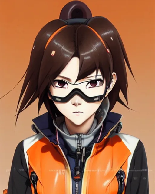 Image similar to Anime as Tracer Overwatch wearing brown-leather-coat; in snowboard orange-mask || cute-fine-face, pretty face, realistic shaded Perfect face, fine details. Anime. realistic shaded lighting poster by Ilya Kuvshinov katsuhiro otomo ghost-in-the-shell, magali villeneuve, artgerm, Jeremy Lipkin and Michael Garmash and Rob Rey as Overwatch Tracer cute smile