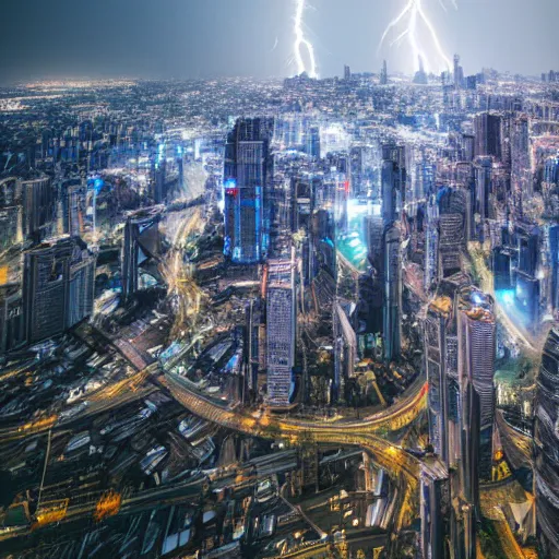 Prompt: Wide shot of colossal futuristic megacity towering across the landscape, thunder storm, EOS-1D, f/16, ISO 200, 1/160s, 8K, symmetrical balance, in-frame