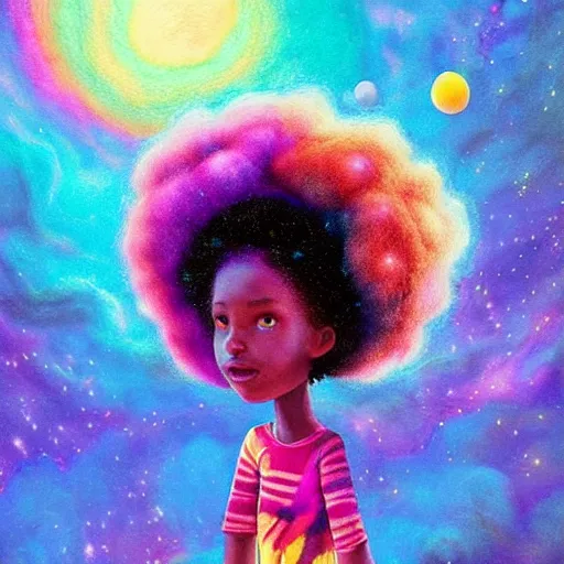 Prompt: a black girl with big beautiful eyes and a colorful afro sitting on a nebula cloud throne, bright colors, synthwave, watercolor, volumetric wool felting, felt, macro photography, children illustration, global illumination, radiant light, detailed and intricate environment, by goro fujita, bokeh!!!!