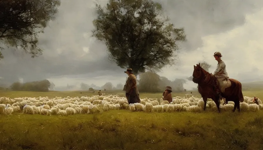 Image similar to simple amish shepherd and children with flocks of sheep in open fields, art by anders zorn, wonderful masterpiece by greg rutkowski, beautiful cinematic light, american romanticism thomas lawrence, greg rutkowski