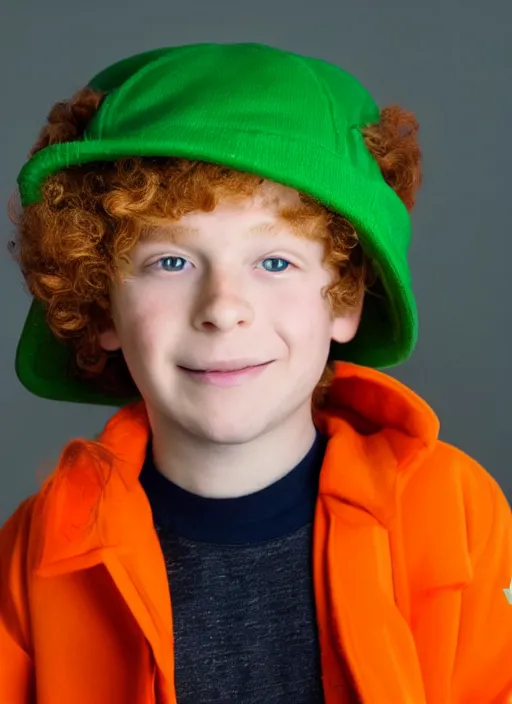 Image similar to portrait photo still of real life young kyle broflovski wearing an orange jacket and green hat, 8 k, 8 5 mm, f. 1 4