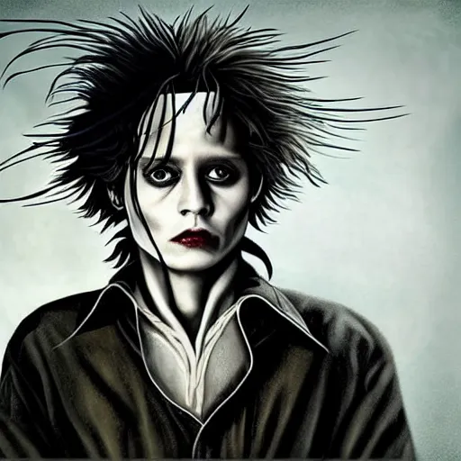 Prompt: portrait of young johnny depp as edward scissorhands, highly detailed, centered, solid color background, digital painting