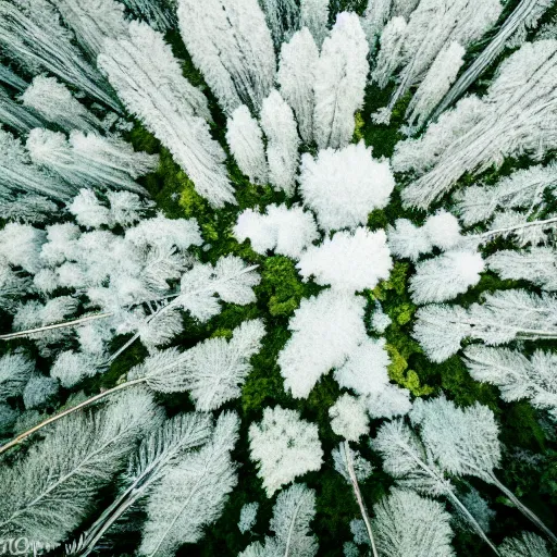 Image similar to Looking down at the forest floor, covered in fallen leaves, A green gold forest in Japan, dark, midnight, ghostly white trees