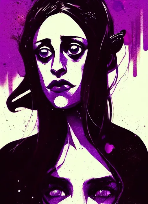 Image similar to highly detailed closeup portrait of beautiful carly chaikin as darlene alderson, moody punk style, by atey ghailan, by greg rutkowski, by greg tocchini, by james gilleard, by joe fenton, by kaethe butcher, gradient purple, black and white color scheme, grunge aesthetic!!! ( ( graffiti tag wall background ) )
