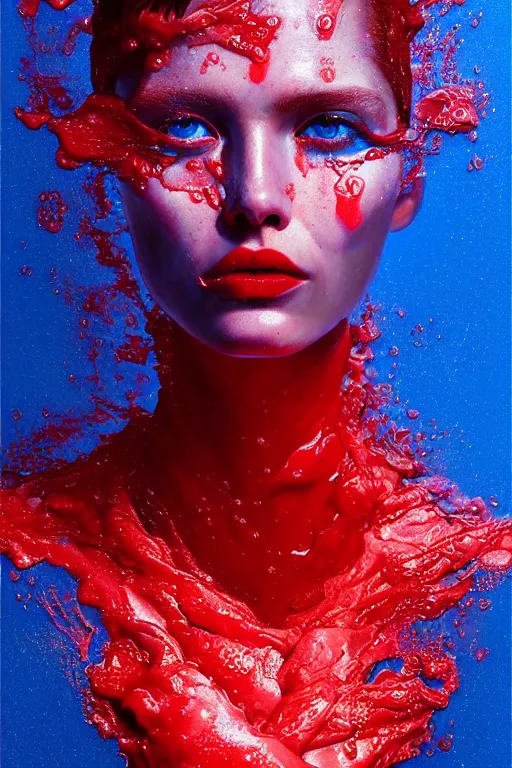 Prompt: 3 d, close - up, boiling liquid gold and red water, frown fashion model, vogue cover style, poster art, high detail, intricate oil painting, multiple exposure, deep blue mood, hyperrealism, 3 d, by tooth wu and wlop and beeple and greg rutkowski