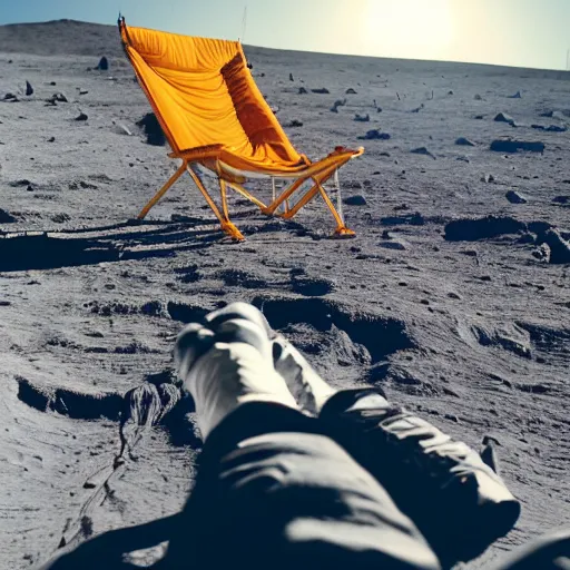 Prompt: professional photo of an astronaut sitting in a beach chair on the moon, holds on to an iphone, smartphones and laptops scattered around the ground, golden ratio, earth rise, technology on the moon