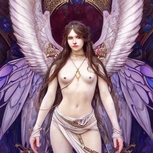 Image similar to portrait of young aasimar angel girl maiden wearing comfy leather armor with beautiful feathered angel wings by Yoshitaka Amano and artgerm and greg rutkowski and alphonse mucha and andrei riabovitchev and Rossdraws and Bluesssatan and Mandy Jurgens and Stjepan Sejic, 4k oil on linen, vivid colors, colorful, photorealistic, high dynamic range, HDR, intricate, elegant, highly detailed, digital painting, artstation, concept art, smooth, sharp focus, illustration, mid-shot, medium shot, hyperdetailed