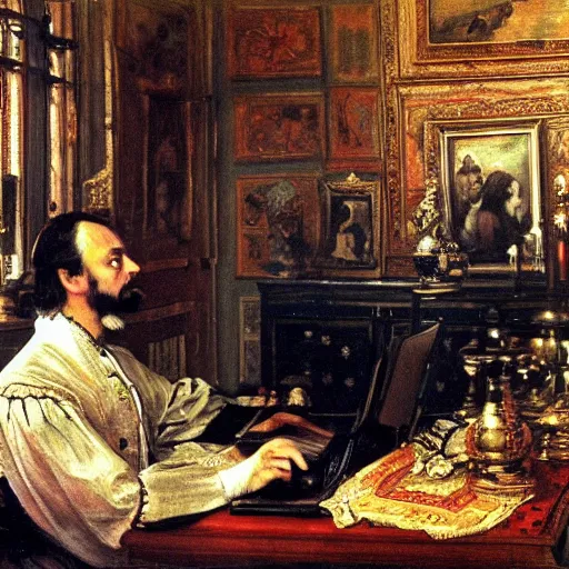 Image similar to russian tsar Peter The Great 18th century installs operating system ubuntu on desktop computer laptop by vasnetsov and surikov serov, JEAN-VICTOR BERTIN, by Terence Cuneo, detailed, artfully traced, 4k resolution, cinematic, dramatic