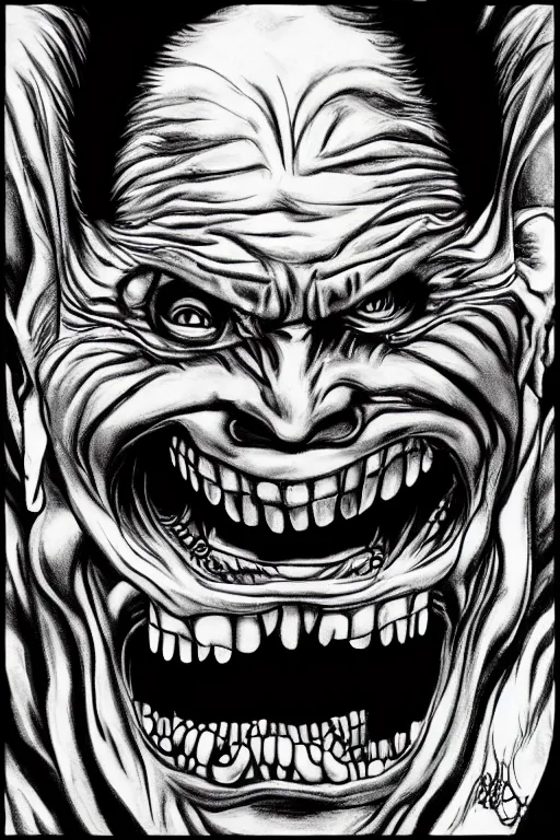 Image similar to joe biden evil grin, horror, terrifying artwork, monster, artwork by junji ito, black and white manga