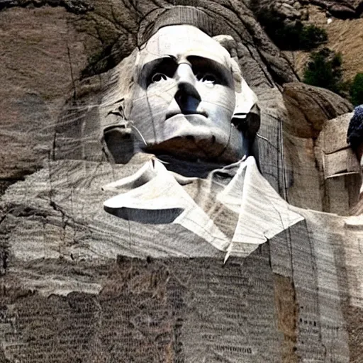 Image similar to donald trump's face carved into the rock on mount rushmore. the photo clearly depicts donald trump's facial features next to other former presidents, at a slightly elevated level, depicting his particular hair style carved into the stone at the mountain top, centered, balances, regal, pensive, powerful, just