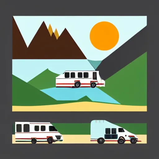 Prompt: very very very stylized minimal vector graphic of a thor chateau motorhome, mountains, highway and sunset!!, white background, dramatic, professional minimal graphic design cartoon