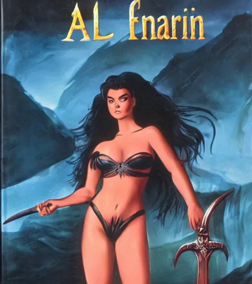 Prompt: 1 9 8 0 s fantasy novel book cover, amazonian ariel winter in extremely tight bikini armor wielding a cartoonishly large sword, exaggerated body features, dark and smoky background, low quality print