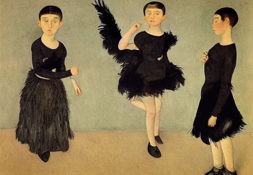 Image similar to beautiful little girl with a short black haircut wearing a dress made of black feathers, artwork in balthus art style, anatomically perfect