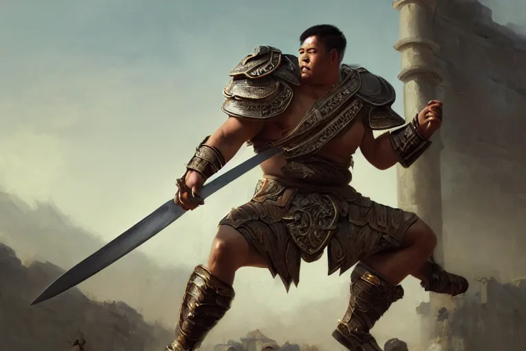 Image similar to a filipino gladiator charging with a sword in an arena, organic painting, sunny day, matte painting, bold shapes, hard edges, street art, trending on artstation, by huang guangjian, gil elvgren, ruan jia, randy vargas, greg rutkowski