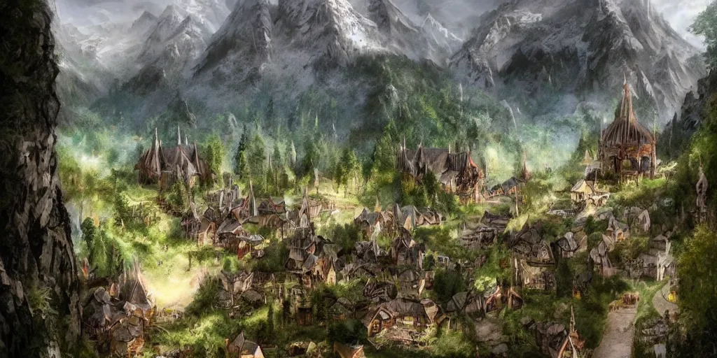 Image similar to lord of the ring. elf city. elvish village. rivendell. mountains. beautiful forest. concept art. epic. cinematic. artstation.