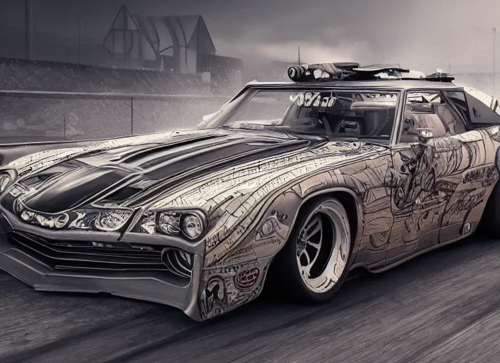 Image similar to cartoon illustration concept art of a muscle car in full intricate detail, ultra detailed, realistic digital art, octane render, 4K, dystopian, micro details