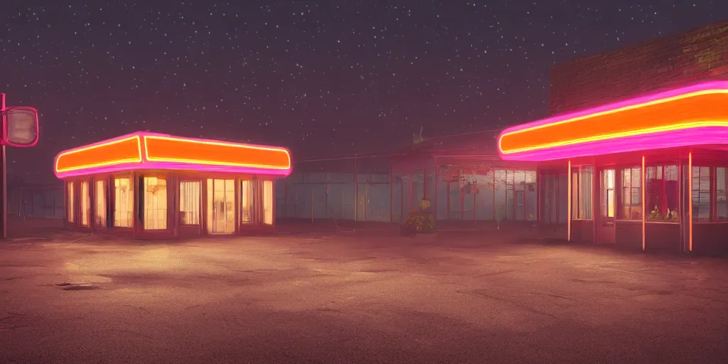 Image similar to an empty parking lout outside an abandoned retro diner at night, by lee madgwick, pink and orange neon lights, highly detailed, photorealistic, artstation trending, cryengine 8 k uhd