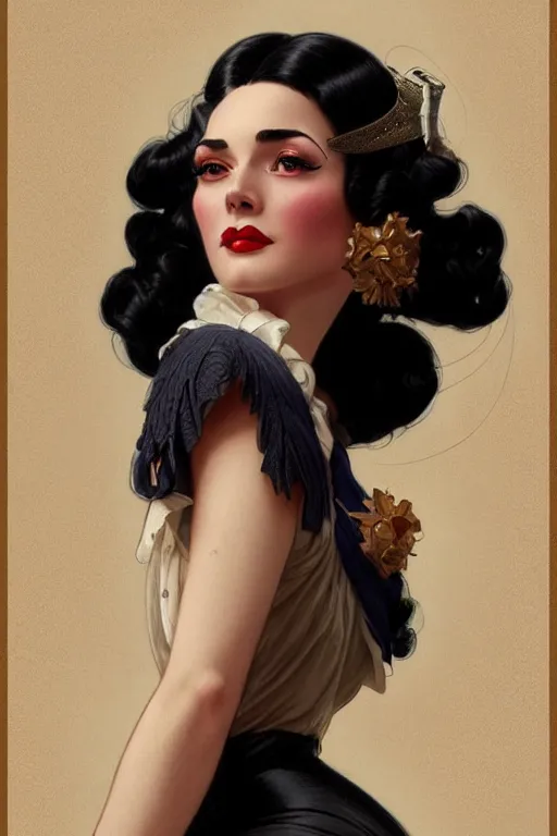 Image similar to a woman with black hair, dressed in 1940's fashion, D&D, fantasy, intricate, elegant, highly detailed, digital painting, artstation, concept art, matte, sharp focus, illustration, art by Artgerm and Greg Rutkowski and Alphonse Mucha