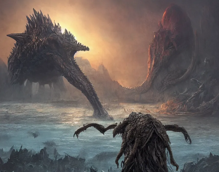 Prompt: one monster with a crocodile's head stands in the sea and towers over a small town, sunrise, daniel dociu, paleoart, pacific rim concept art