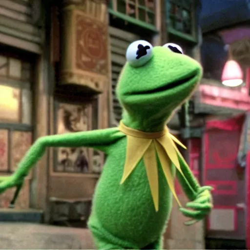 Prompt: a still of kermit the frog, anime, spirited away,