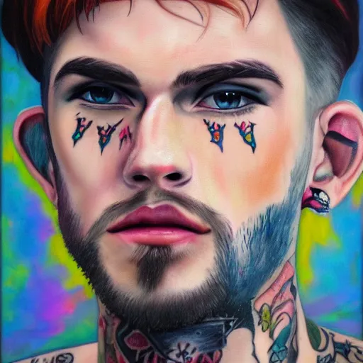 Prompt: lil peep, face tattoos, oil painting, portrait