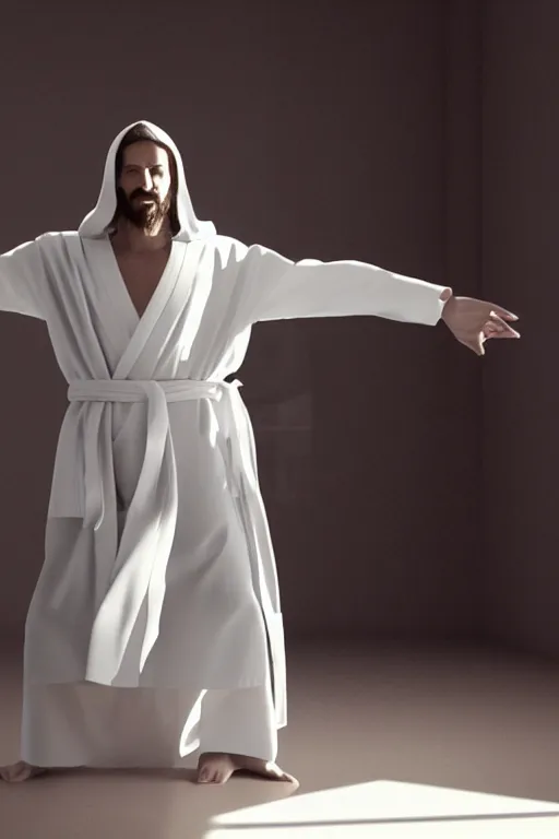 Image similar to jesus christ wearing a white robe strikes a dance pose in a hospital while playing epic game of ping pong, intricate, hyper detailed, accent lighting, dramatic light, 4 k octane render