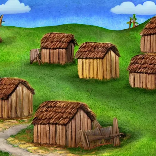 Prompt: a small primitive village on a sunny day